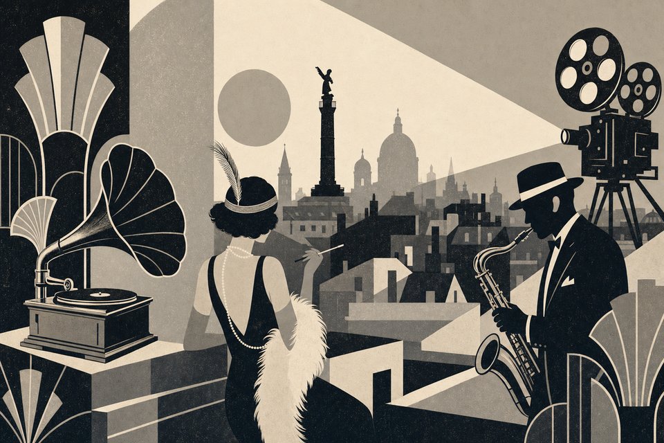 Illustration im Art-déco-Stil: Grammofon, Frau mit Federstirnband, Saxofonist und Filmkamera vor der Berliner Silhouette