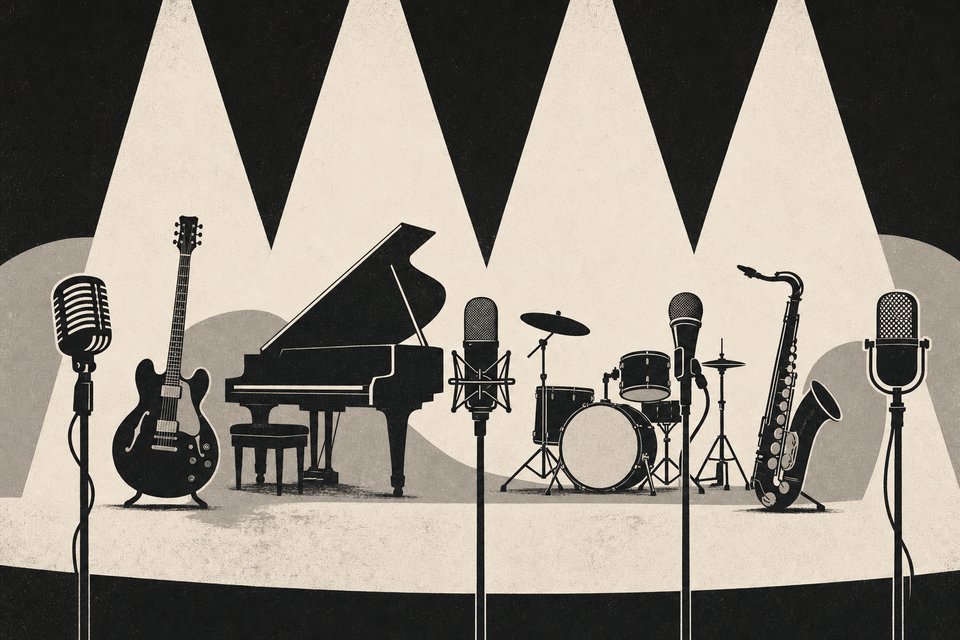 Illustration: Bühne mit Mikrofonen, E-Gitarre, Flügel, Schlagzeug und Saxofon im Scheinwerferlicht