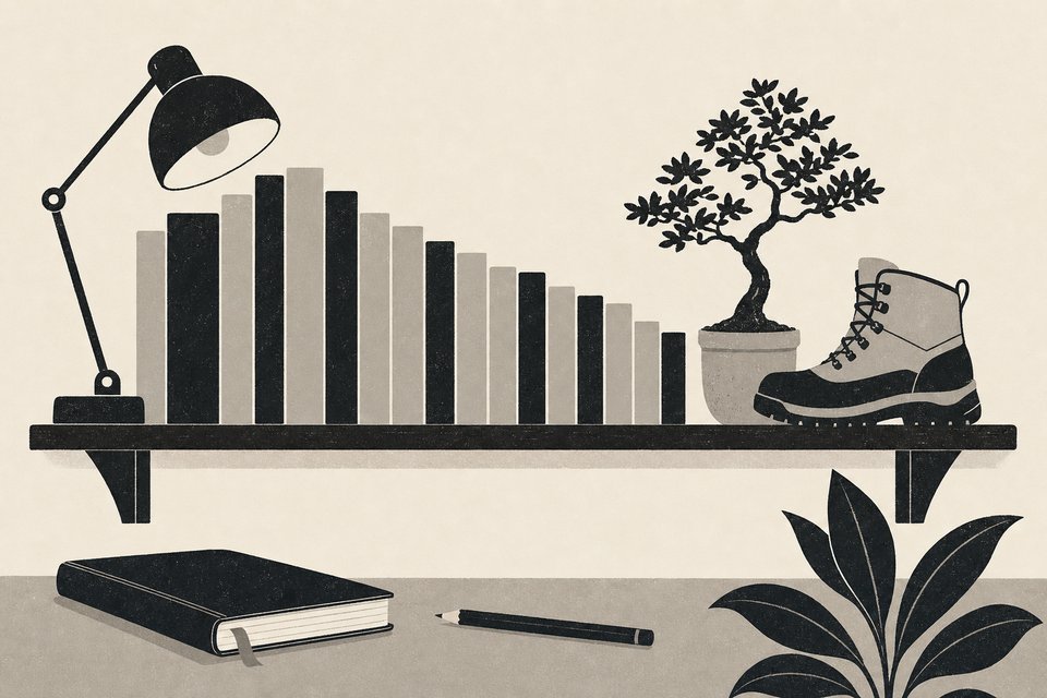 Illustration: Bücherregal mit Leselampe, Bonsai und Wanderschuh, davor Notizbuch und Bleistift