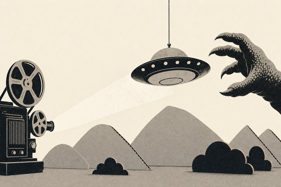 Illustration: Filmprojektor, fliegende Untertasse an einer Schnur und eine Monsterklaue vor Pappkulissen