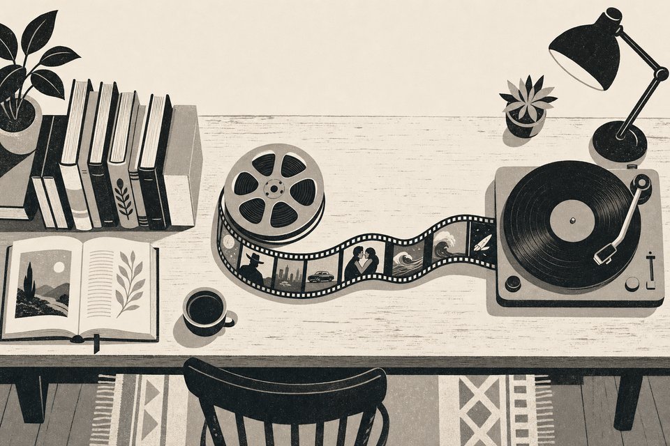 Illustration: Lesetisch mit Bücherreihe, Filmrolle und Plattenspieler